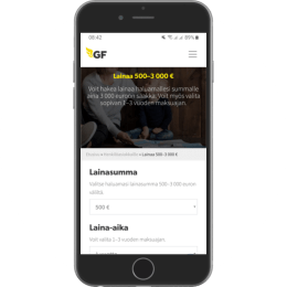 Gfmoney.fi kotisivut mobiilissa